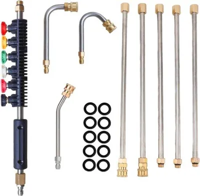Image de Tige d'extension pour nettoyeur haute pression - Accessoire de nettoyage de canalisations - Pistolet de pulvérisation avec rallonge murale et 6 buses - Raccord rapide de 1/4 de pouce