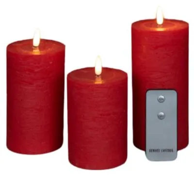 Productafbeelding van 3St Rood Kaars Wax Rustiek 3D Lont 7,5X10/12,5/15Cm Afstandsbediening 3X3Aaa Anna's Collection