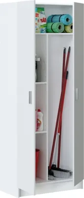 A white two-door cabinet with cleaning supplies and brooms inside.