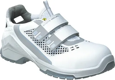 A white and gray Steitz Secura safety shoe with velcro straps, shown from a side angle on a white background.