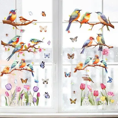 Image de Feuilles de décoration printanière autocollantes, PVC, 9 feuilles, oiseaux, fleurs, papillons