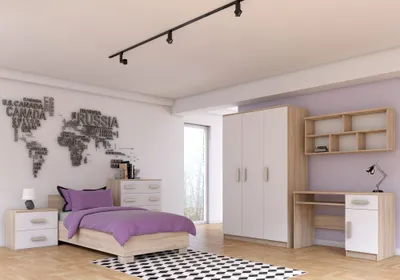 Produktbild von Kinderzimmer-Set Bett Schrank Wandregal Kommode Schreibtisch Nachttisch Sonoma/Weiß mit weißen Griffen ohne Matratze Jonas IV 03
