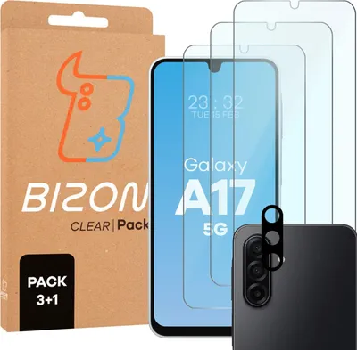 A product shot of a Bizon brand screen protector pack for a Galaxy A17 5G phone, along with the phone itself and a camera lens protector.