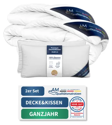Produktbild von Premium 2er Daunenset | Kissen 40x80 cm & Ganzjahresdecke 140x220 cm | 100% Daunen | Atmungsaktiv | Downpass verifiziert
