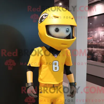 Produktbild von Gelber REDBROKOLY American Football Helm Maskottchen Kostüm Charakter gekleidet mit einem T-Shirt und Schals