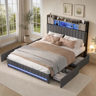 Produktbild von INONEFT Bett 160x200cm mit 4 Schubladen, Doppelbett Polsterbett mit LED, Kopfteil mit Stauraum und USB Type-C, Bettgestell mit Lattenrost, Leinen Grau