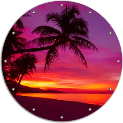 Produktbild von Wallario rundes Outdoor-Poster für Garten oder Balkon, Motiv Abendrot unter Palmen - pinker Himmel am Strand, 90 cm Durchmesser