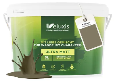 Produktbild von Wandfarbe Grün Braun Grau Matt Innenfarbe – Deckkraft Klasse 1, VOC-frei, Ohne Grundierung, Tropfarm – Wohnzimmer & Schlafzimmer – 5L – Veluxis (Ordinary Olive)