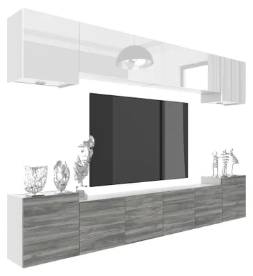Produktbild von BELINI Wohnwand MILANO 4 Wohnzimmer 300 cm - Weiß Hochglanz/Grau Matt, Moderne Schrankwand Set, Anbauwand TV-Schrank Griffloses System