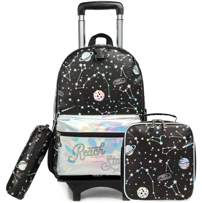 Immagine prodotto di Set da scuola composto da uno zaino e un trolley, per bambine, 5 pezzi, rosa, motivo panda, zaino da scuola 16 pollici, adatto anche per viaggi