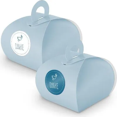 Produktbild von SET Danke Taube (Motiv 40) 24x Geschenkschachtel mit Griff hellblau + Sticker