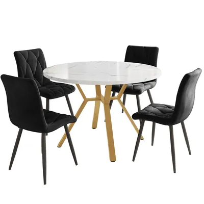 Produktbild von Esstisch-Set, Esstisch- und Stuhlset (5-teilig), modernes, schlichtes rundes Esstisch- und Stuhlset aus Marmor, schwarze Esszimmerstühle