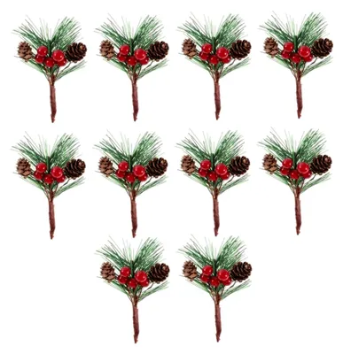 Produktbild von 15 Stück Kiefernzweige für DIY-Weihnachtskränze mit Beerenmuster für Tischdekorationen, Sträuße und Gestecke