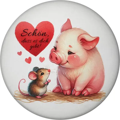 Produktbild von Schwein mit Maus und Herz Magnet rund mit Spruch Schön dass es dich gibt