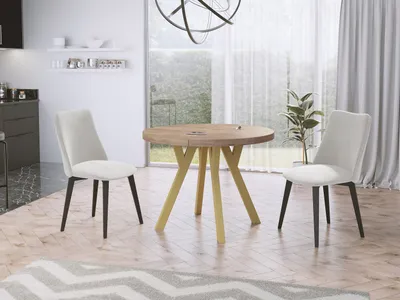 Produktbild von Designer Runder Ausziehbarer Esstisch - Loft-Stil, Industriell, Platzsparend - Goldene Beine - 100 bis 200 cm - für 6-8 Personen - Hergestellt in EU - Sonoma Eiche - 200 cm