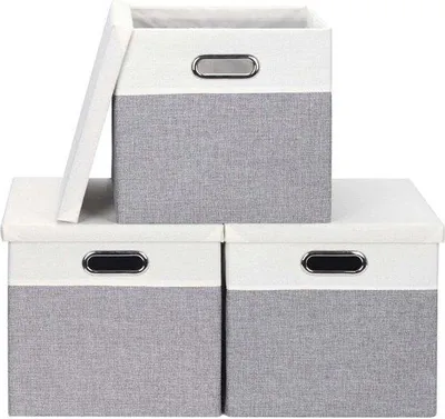 Immagine prodotto di Contenitori pieghevoli in tessuto con coperchio, grigio chiaro e bianco, 28 cm