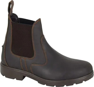 A single brown leather boot is shown against a white background.