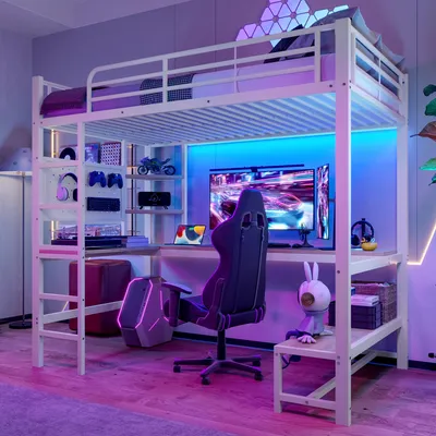 A gaming-themed loft bed setup with a desk, chair, and computer.
