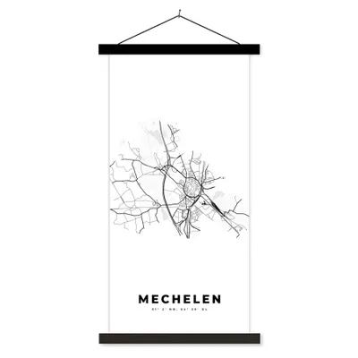 Produktbild von MuchoWow® Textilposter Karte - Belgien - Mechelen - Schwarz und weiß - Stadtplan 90x180 cm mit schwarzem Rahmen - Dekoration Wohnzimmer