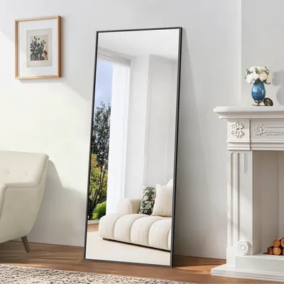 Image de Miroir de plein corps, 165 x 60 cm, forme rectangulaire, cadre en aluminium noir, miroir sur pied, miroir mural, miroir au sol, décoration intérieure, noir