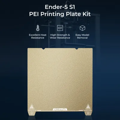 A product image showcasing a PEI printing plate kit for a 3D printer, with feature callouts.