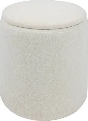 A white, round ottoman with a textured fabric surface.