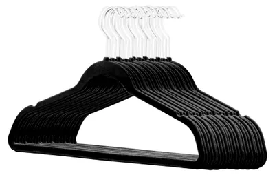 Produktbild von 25 Stück hochwertige Samt Kleiderbügel in der Farbe Schwarz mit weißem Haken/Anti-Rutsch/von StickandShine