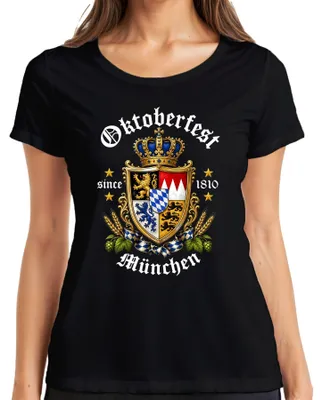 Productafbeelding van Bayern-wapen, leeuw, kroon, bier, hop, mout, traditioneel shirt, lederen broek, dames T-shirt, zwart, maat M