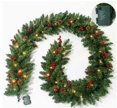 Tannenkranz 2,7 m mit 50 LEDs, grün, batteriebetrieben