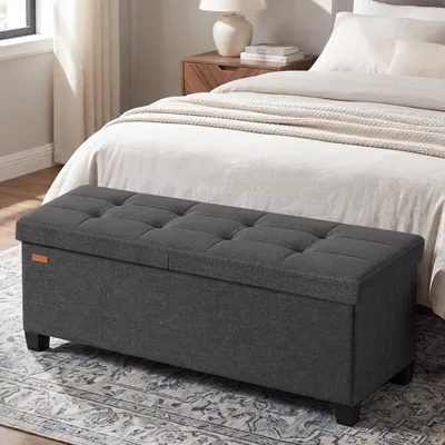 Produktbild von SONGMICS Sitzbank mit Stauraum, faltbare Sitztruhe mit Klappdeckel, Schlafzimmer Wohnzimmer, Leinenoptik, 110 cm, grau