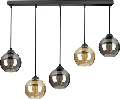 Produktbild von Pendelleuchte mit 5 Glasschirmen in Schwarz, Transparent, Honig, Gold, 5x E27