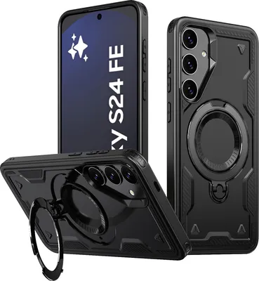 Produktbild von Dual Layer Hülle für Samsung Galaxy S24 FE Metall Ring Ständer Magnetisch Stoßfest Militär Handyhülle Schwarz