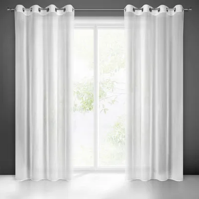 Two white sheer curtains hanging in front of a window with greenery visible outside.