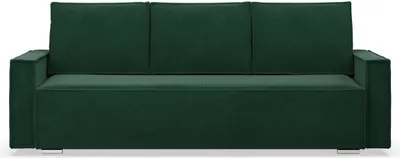 A dark green sofa is shown from the front against a white background.