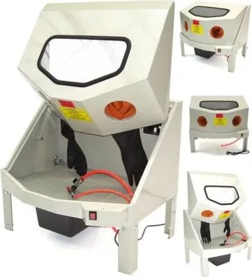 A collage of images showing a parts washer machine from different angles.