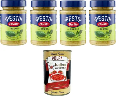 Produktbild von Barilla Pesto Basilico e Rucola Condimento e Sugo per Pasta Pesto Basilikum-Rucola-Gewürz und Sauce für Pasta 4x190gr + Italian Gourmet polpa 400g