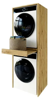 Produktbild von Waschmaschinenregal für Waschmaschine und Trockner | Waschturm mit ausziehbarer Ablage | Möbel für den Waschraum | Eiche Artisan | Stauraum für die Waschküche