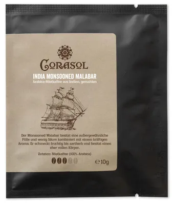 Produktbild von Corasol India Monsooned Malabar Arabica-Röstkaffee aus Indien, gemahlen (10 g im Coffeebag)