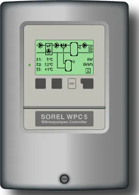 A close-up of a Sorel WPC 5 heat pump controller with a diagram and temperature readings displayed on its screen.
