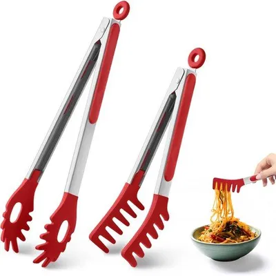 Immagine prodotto di Ibenzoa® Set da 2 pinze per spaghetti con dentini in silicone, manici in acciaio inossidabile rinforzato, resistenti al calore fino a 250°C, lavabili in lavastoviglie, delicate per le pentole