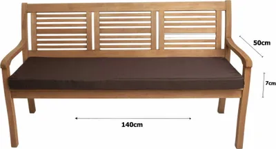 A wooden garden bench with a brown cushion, shown from the front with dimensions indicated.