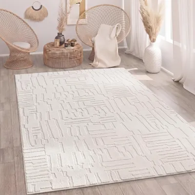 Immagine prodotto di Tappeto soggiorno a pelo alto scandi boho geometrico astratto tinta unita lavabile crema dimensioni 200x280 cm