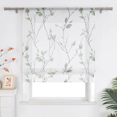 Produktbild von Joyswahl Raffrollo Modern Küche Gardinen Fensterrollo Raffgardine Mit Blättern Kurz Vorhang Mit Tunnelzug Landhausstil Transparent Grün BxH: 80x140 cm