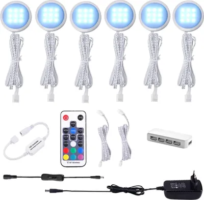 Produktbild von LED-Unterbauleuchten 12V mit Fernbedienung AIBOO 6x RGB für Küchenvitrinen