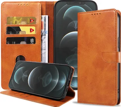 Produktbild von Geschikt voor iPhone 12 Pro Max  Telefoonhoesje Kunstleer met Magnetisch lipje en Pasjeshouder Book Case met  Klepje - Bruin - Smartphonica