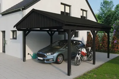 Produktbild von Einzelcarport SKAN HOLZ Fichtelberg inkl. Pfostenanker, schwarze Dachschindeln 423 x 566 cm anthrazit