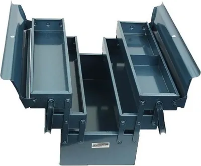An open metal toolbox with multiple compartments.