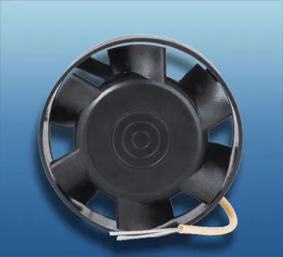 A black fan with visible wires against a blue gradient background.