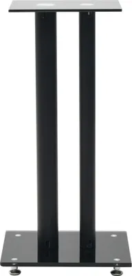 A black speaker stand with a glass base and top.