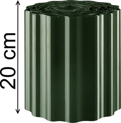 A roll of dark green garden edging is shown against a white background. A measurement scale indicating 20 cm is on the left side of the image.